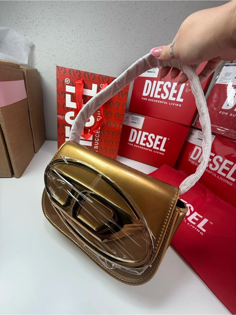 Diesel Metallic Gold Sculpted Logo Shoulder Bag